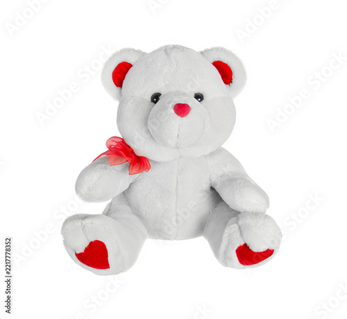 White Teddy Bear with Red Bow Isolated on White Background
