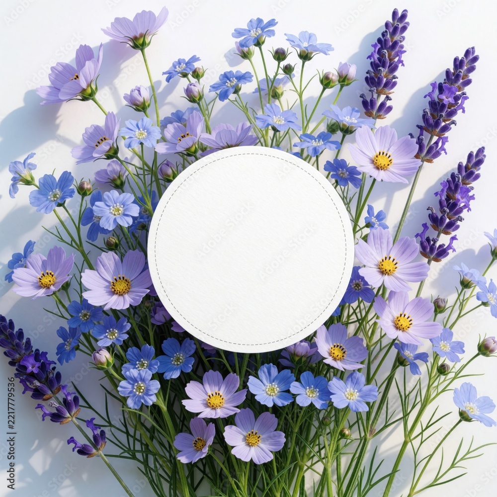 Fototapeta premium Fresh lavender, blue flowers create floral frame. Round white blank paper label sits in center for text price tag. Beautiful spring blossom bouquet on white background for wedding card, spa branding,