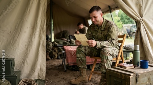 Soldier smiling while reading handwritten letter inside military tent. Army serviceman receiving mail from home at base camp