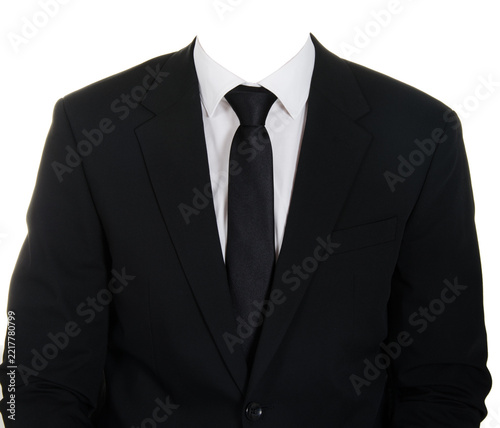 Black Business Suit with Tie on Invisible Mannequin Isolated on White