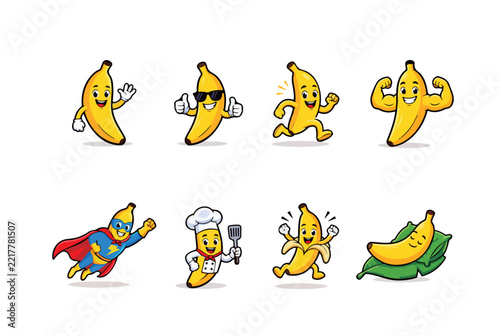 Funny Cartoon Banana Character Collection, Cute Banana Mascot Illustrations
