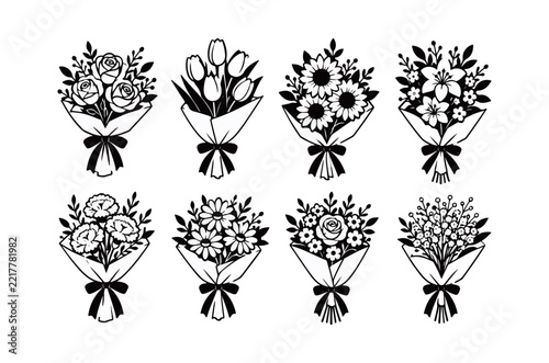 Black Floral Bouquet Collection, Elegant Flower Arrangement Silhouette Illustrations