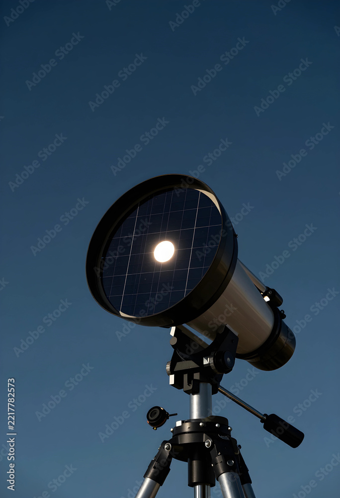 Fototapeta premium Renewable energy innovation and space exploration, telescope with solar panel lens filter capturing sunlight against a clear blue sky for green technology