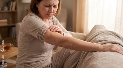 Mature woman scratching her itchy arm while sitting on a couch at home. Important healthcare and allergy concept illustrating skin disease, irritation symptoms, and medical treatment needs.