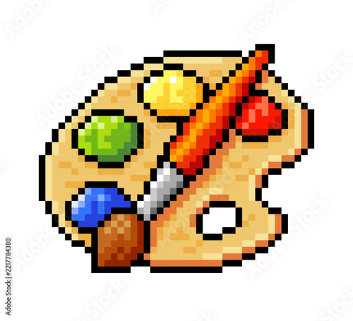 Pixel art palette with paints and brush. Pixelated artists palette with colors in style 8 bit arcade games