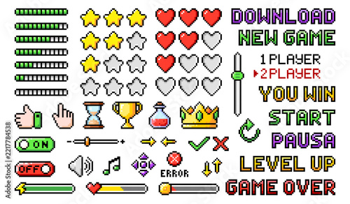 Pixel art set game icons. Pixelated vector 8 bit illustration of game buttons, progress bar. Retro arcade game items