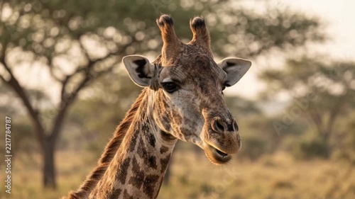Adult giraffe portrait in warm golden hour sunlight with detailed patterned coat and African savannah bokeh