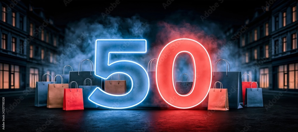 Fototapeta premium Futuristic Shopping Campaign Featuring Number Fifty in Neon Lighting Surrounded By Shopping Bags