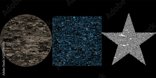 Abstract Geometric Shapes Set: Textured Circle Square and Star on Black Background.