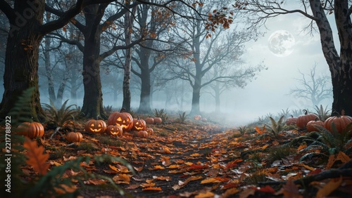 Autumn forest scene with colorful fallen leaves and tall trees
