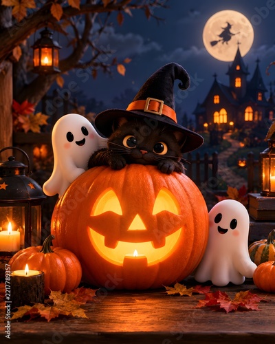 Halloween Illustration with Jack‑o’‑Lantern, Ghosts, and Cat.