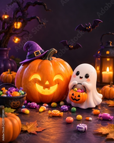 Halloween Illustration with Ghosts, Cat, and Jack‑o‑Lantern