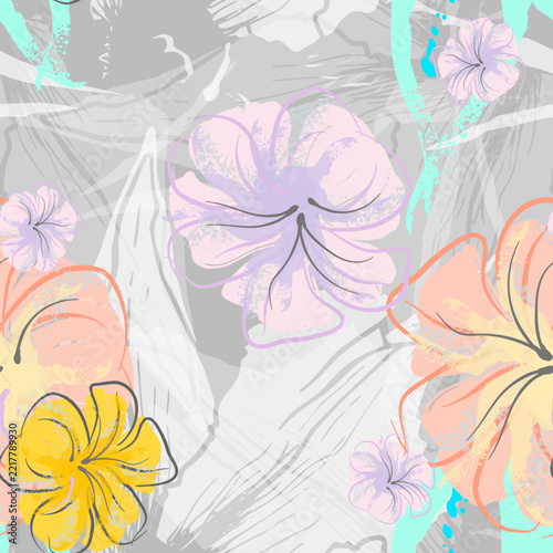 Pink Flowers Blooming Pattern. Pastel Watercolor Floral Print. Little Pink, Yellow, Lilac flower on grey leaf. Elegant brush Background. Seamless Botanical Vector Surface. Texture For Fashion Prints.