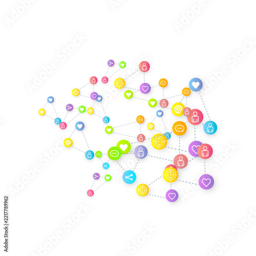 Social media marketing, Communication networking concept. Random icons social media services tags linked on white background. Comment, friend, like, share, target, message. Vector Internet concept.