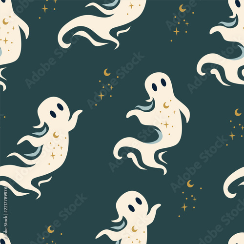 Seamless Vector Pattern with Cute Ghosts, Crescent Moons and Stars