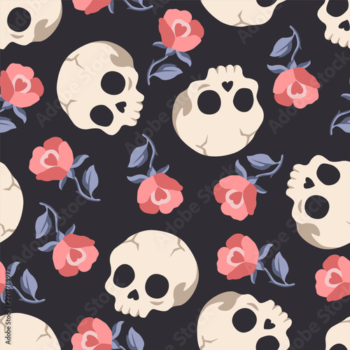 Seamless Vector Pattern with Skulls and Roses on Dark Background