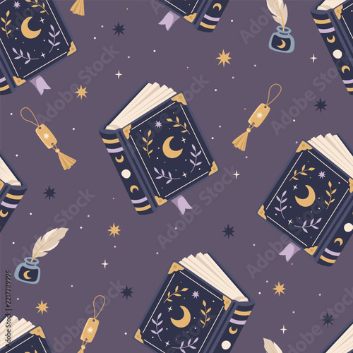 Seamless Vector Pattern with Magic Books, Crescent Moons, Ink and Quills
