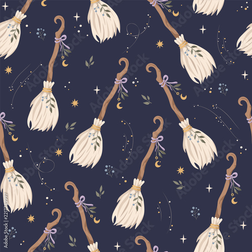 Seamless Vector Pattern with Witch Brooms, Crescent Moons and Stars