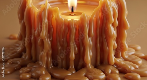 Melted wax candle with flame.