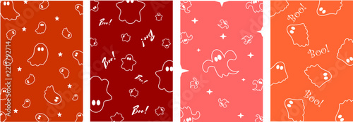 Halloween seamless patterns with cute ghosts and boo text in red and