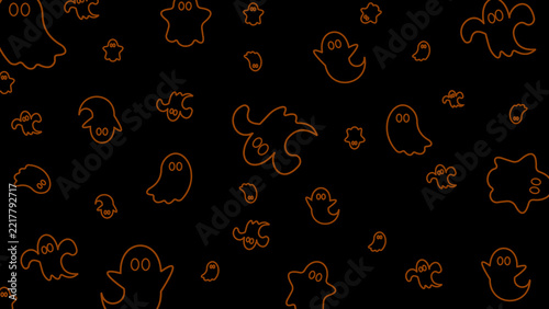 Halloween seamless pattern with orange ghost line art icons on black