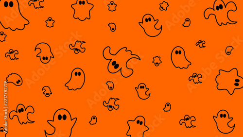 Halloween seamless pattern with cute ghosts on orange background for