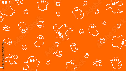 Seamless halloween pattern with cute white ghosts on a bright orange
