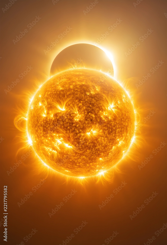 Fototapeta premium Solar eclipse and astronomy, total sun eclipse with glowing corona and solar flares in deep space, celestial event and planetary alignment in the galaxy