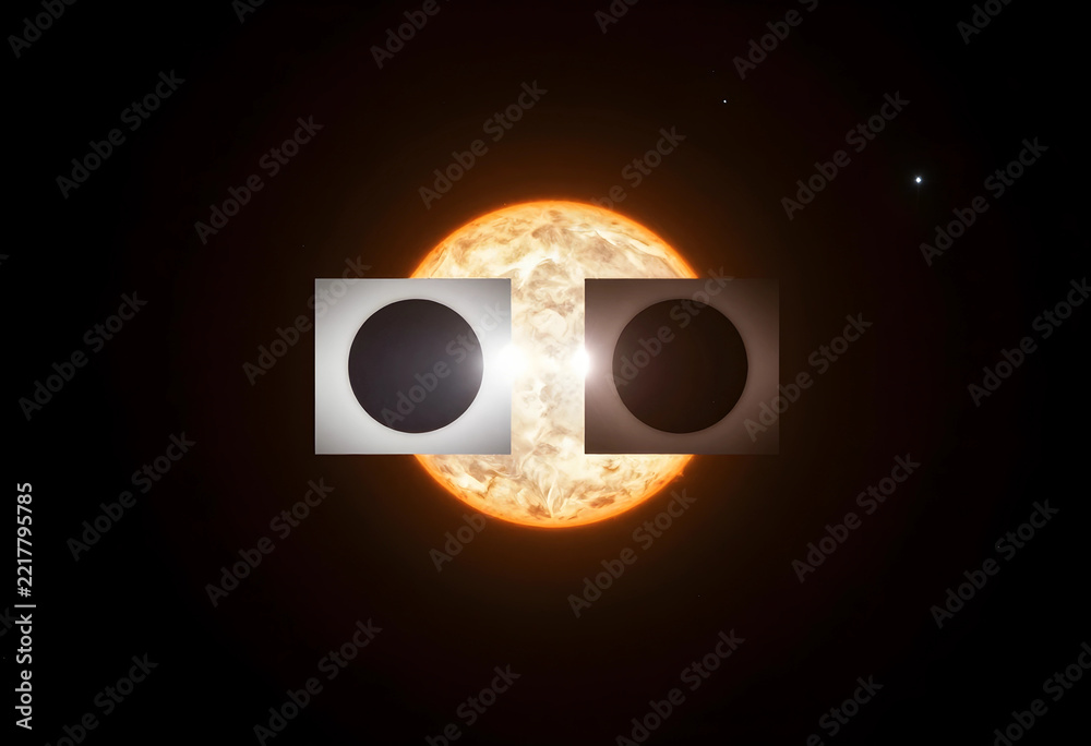 Fototapeta premium Solar eclipse and astronomy science, total sun obscuration with celestial alignment and cosmic event in deep space, planetary motion and stellar observation