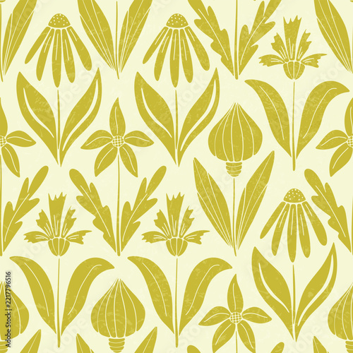 Seamless vector botanical pattern featuring naive block-printed wildflowers, daisy, cornflower, tulip buds, sprouts, and meadow leaves. Simple folk art floral design with subtle handcrafted texture no