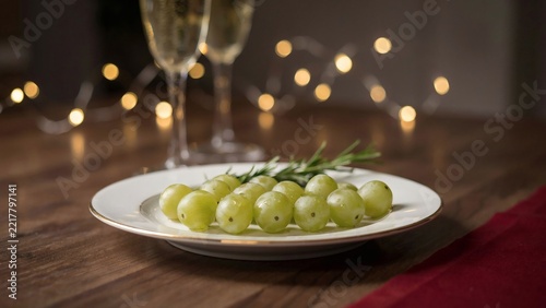Close up of green grapes on a white plate with champagne glasses for a festive new years party