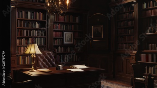 Luxurious antique library study room with bookshelves, desk, and armchair