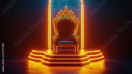 Luxurious golden throne illuminated by neon light in a futuristic setting