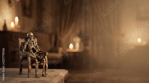 Miniature skeleton figurine sitting on a wooden chair inside a dimly lit haunted room with glowing candles