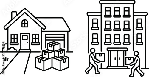 Moving house and office relocation line art icons with cardboard