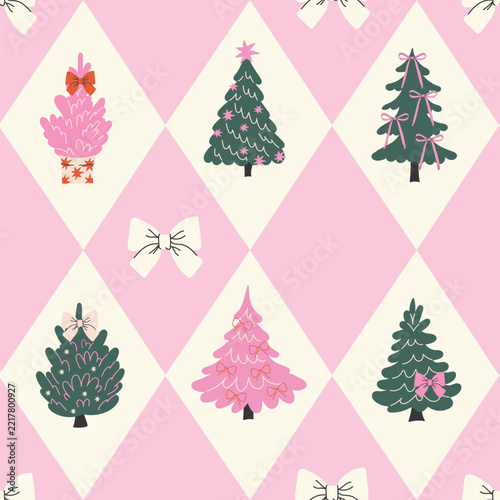 Seamless vector pattern with hand-drawn pink fir trees and elegant bows against a diamond-checkered background.