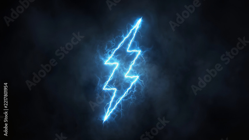 Electric Lightning Bolt on Dark Foggy Background Photo