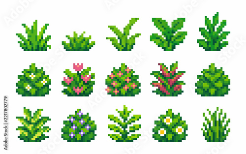 Pixel Art Grass, Bushes, Shrubs and Flowering Plants Set for Game Design