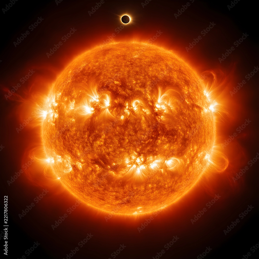 Fototapeta premium Solar eclipse and sun activity, astronomy and space science concept, total eclipse of the sun with solar flares and corona in deep outer space