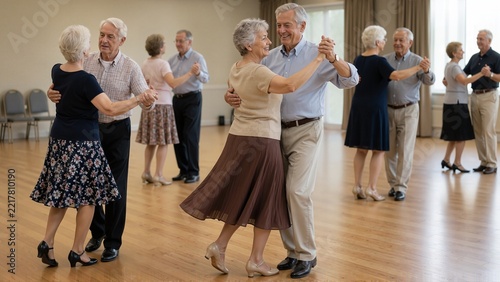 Seniors enjoying ballroom dance class with couples gracefully dancing together in spacious hall. Ballroom dance class engages older adults in social activity,