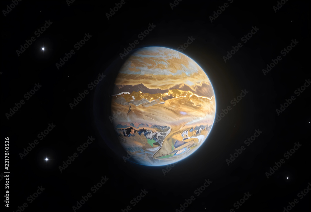 Fototapeta premium Exoplanet exploration and space discovery, alien world with golden atmosphere and mountainous terrain in deep dark cosmos with distant bright stars