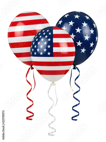 Three American flag patterned balloons with curling ribbons isolated on transparent background