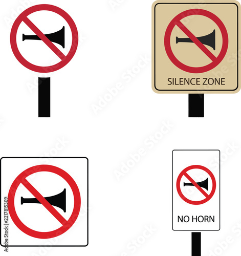 Sign icon set featuring silent zone and no horn road markers
