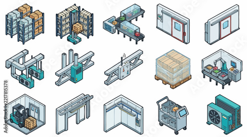 Elegant Isometric Illustrations of Modern Warehouse Automation and Material Handling Equipment in Blue Teal and Gray