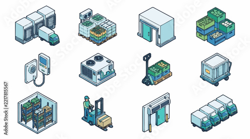 Minimalist Isometric Illustrations of Cold Chain Logistics and Warehouse Equipment in Blue Green and Gray