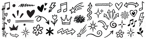 Hand Drawn Brush Shapes and Crayon Doodle Set |  Cute organic pastel notebook arrow, heart sticker