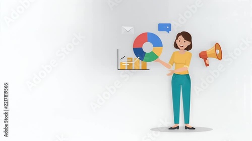 Businesswoman Presenting Data Charts and Using Megaphone Animation