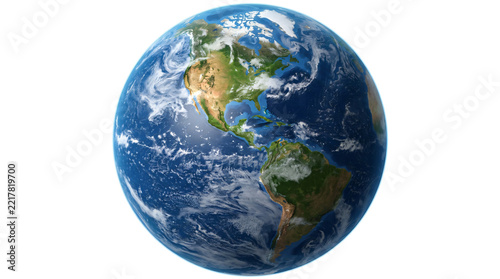 Realistic planet earth globe showing americas continent with vibrant blue oceans on transparent background