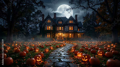 Spooky victorian mansion illuminated by hundreds of glowing jackolanterns on halloween night