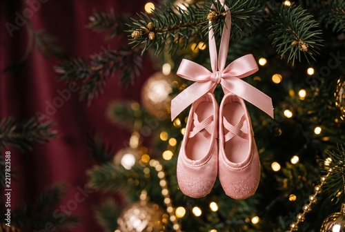 Pink ballet shoes ornament hanging on evergreen Christmas tree branch with glowing golden bokeh lights, festive holiday decor, winter celebration theme, cozy seasonal atmosphere